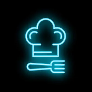 Neon chef hat and fork glowing on black background Stock Illustration