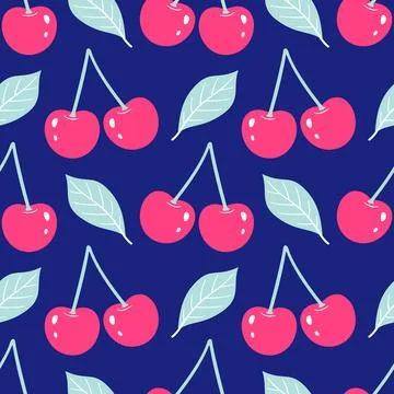 Neon cherry seamless pattern on dark blue background イラスト素材