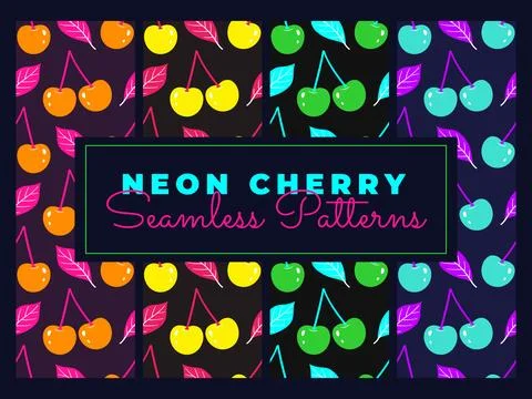 Neon cherry seamless patterns mega bundle in cyberpunk style Stockillustratie