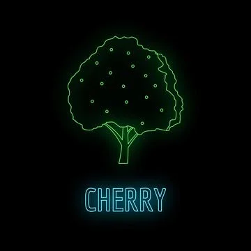 Neon cherry tree glowing on black background 스톡 일러스트