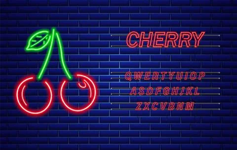 Neon cherry Vector sign. Red fruits with text. Bright glowing signboards Stock Illustration