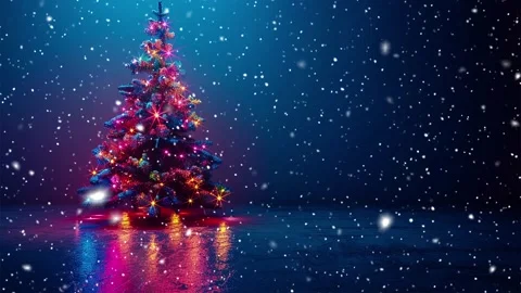 Neon Christmas tree. Falling snowflakes. Neon. Snow forest. Stock Footage 270015533