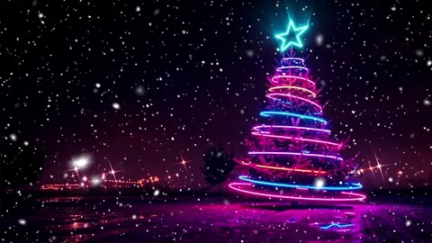 Neon Christmas tree. Falling snowflakes. Neon. Snow forest. Stock Footage 270016062