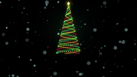 Neon christmas tree with glowing lights and falling snowflakes on black bac.. 库存影片 343558784
