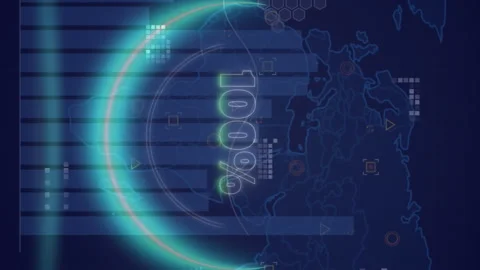 A neon circle with 100% over a digital screen with a world map and graphs is Video stock 312394879