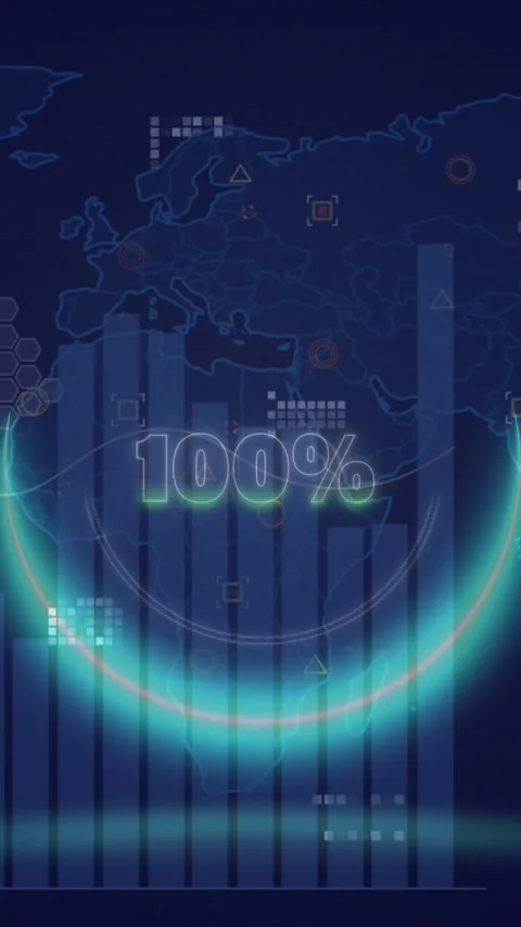 A neon circle with 100% over a digital screen with a world map and graphs is Video stock 321440994