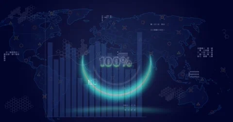 A neon circle with 100% over a digital screen with a world map and graphs is Video stock 325702510