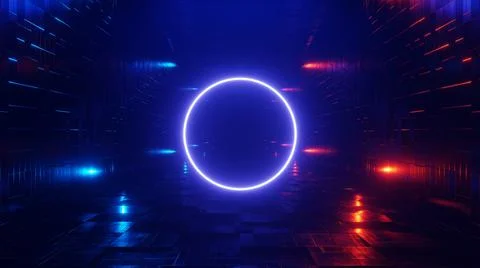 Neon circle on abstract sci-fi tunnel background. 3d render Stock Photos