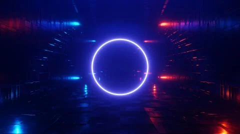 Neon circle on abstract sci-fi tunnel background. 3d render Stock Photos