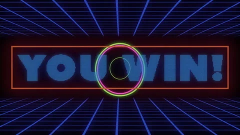 Neon circle animation with You Win! text over retro grid background Video stock 306201133