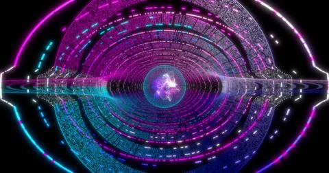 Neon Circle background with data tunnel. Fluorescent Ultraviolet lights . Vir イラスト素材