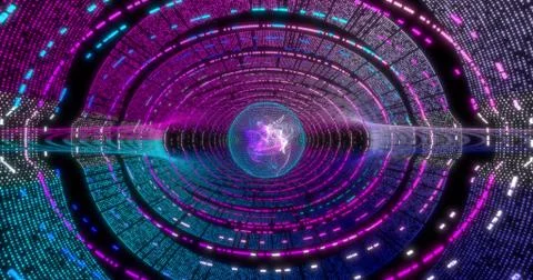 Neon Circle background with data tunnel. Fluorescent Ultraviolet lights . Vir 스톡 일러스트