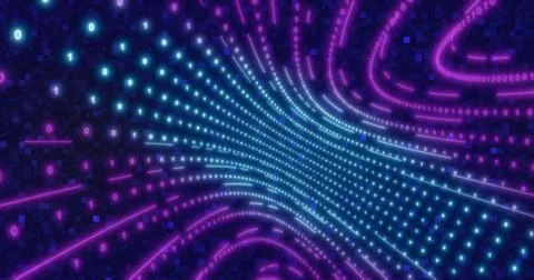 Neon Circle background with data tunnel. Fluorescent Ultraviolet lights ed an Illustrazione stock