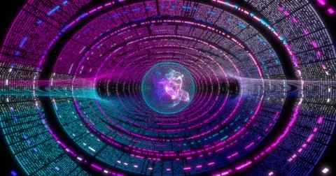 Neon Circle background with data tunnel. Fluorescent Ultraviolet lights . Vir 스톡 일러스트