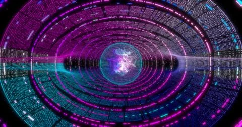 Neon Circle background with data tunnel. Fluorescent Ultraviolet lights . Vir 스톡 일러스트