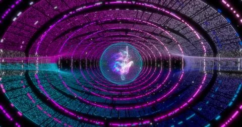 Neon Circle background with data tunnel. Fluorescent Ultraviolet lights . Vir 스톡 일러스트