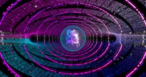 Neon Circle background with data tunnel. Fluorescent Ultraviolet lights . Vir 스톡 일러스트