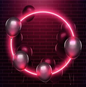 Neon circle with black baloons on brick wall. EPS 10 Stock Illustration