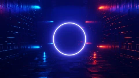 Neon circle flying through an abstract sci-fi endless tunnel Stock Footage 197611035