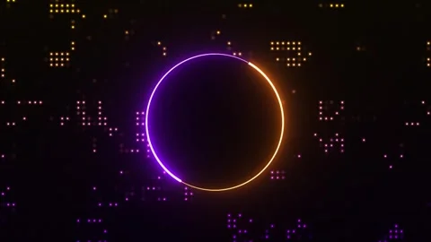 Neon circle frame animation in golden and purple on digital pixelated background Stock Footage 337619958