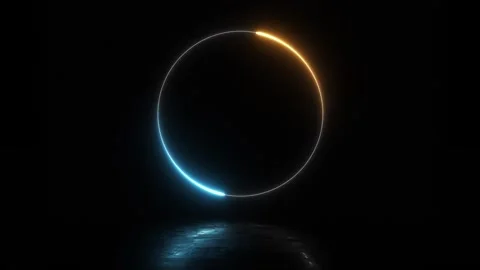 Neon circle frame animation loop in blue orange lights on reflecting background Stock Footage 337576462