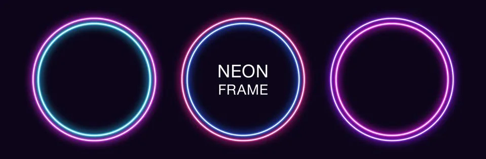 Neon circle Frame. Set of round neon Border with double outline. Geometric sh Stock Illustration