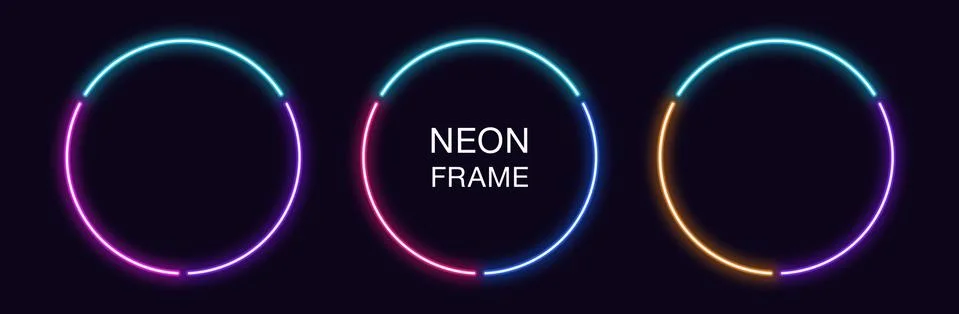 Neon circle Frame. Set of round neon Border in 3 outline parts. Geometric sha Stock Illustration