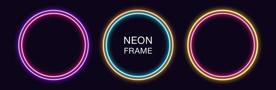 Neon circle Frame. Set of round neon Border with double outline. Geometric sh Stock Illustration