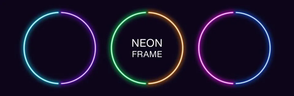 Neon circle Frame. Set of round neon Border in 2 outline parts. Geometric sha Stock Illustration
