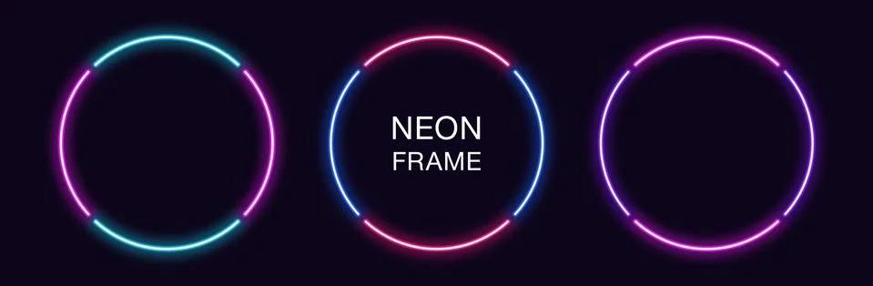 Neon circle Frame. Set of round neon Border in 4 outline parts. Geometric sha Stock Illustration