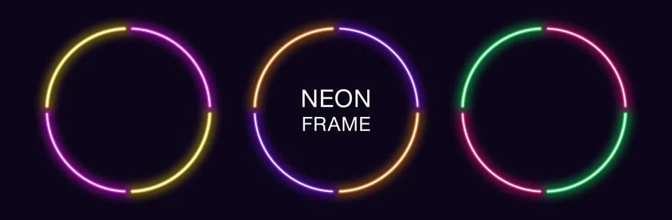Neon circle Frame. Set of round neon Border in 4 outline parts. Geometric sha Illustrazione stock