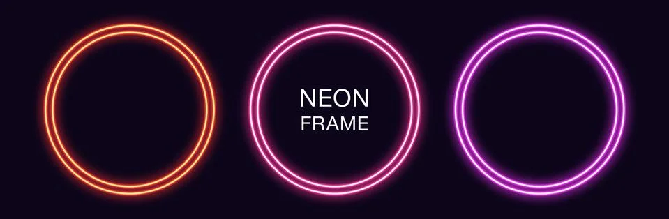Neon circle Frame. Set of round neon Border with double outline Stock Illustration
