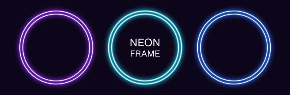 Neon circle Frame. Set of round neon Border with double outline Stock Illustration