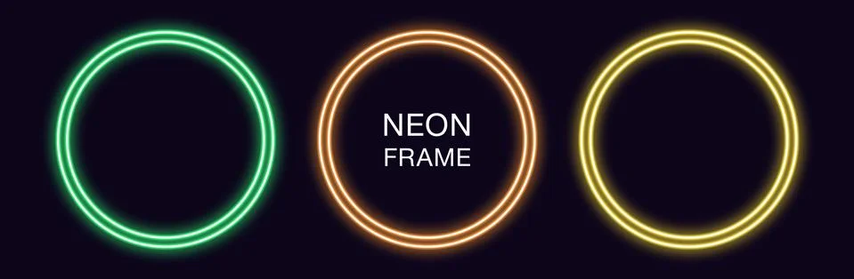Neon circle Frame. Set of round neon Border with double outline Stock-Illustration