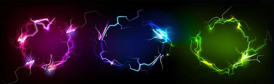 Neon circle frames with bolt and light effects Illustrazione stock