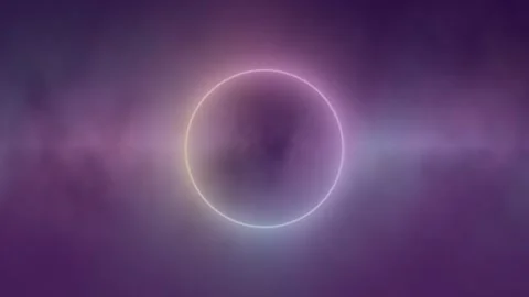 Neon circle glows through purple haze, casting radiant light Stock Footage 329302870