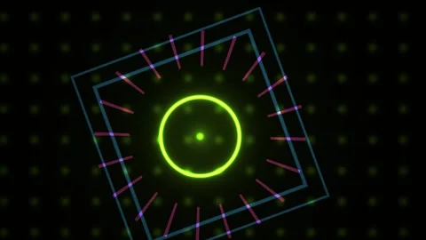 Neon circle with lines and squares on black background. Stock Footage 336247425