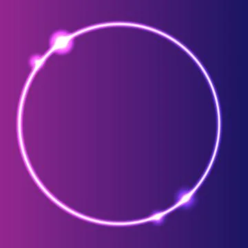 Neon circle on purple background, glowing circles with bright flashes. Abstra Stock Illustration
