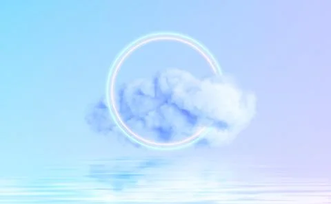 Neon Circle shape in a cloud of fog reflecting in the water. Modern trending 3d Illustrazione stock