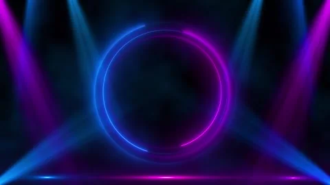 Neon circle spotlight background glowing blue magenta ring, dramatic stage beams Stock Footage 340398669