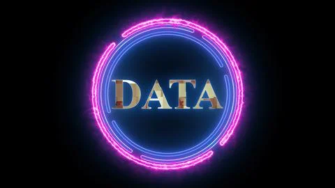 Neon circle with the word DATA in the center against a dark background. 스톡 일러스트