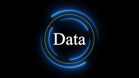 Neon circle with the word data in the center against dark background. 스톡 일러스트