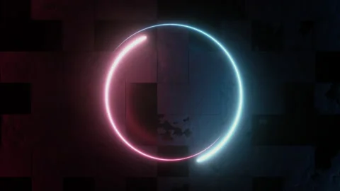 Neon circles hi-tech lights on irregular concrete tiles. 4k animation loop Stock Footage 168576636