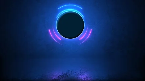 Neon circles lines with shining glow effects with reflection dirt wall 4k Stock Footage 264041981