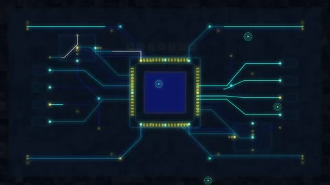 Neon circuit board with a CPU microchip and digital data flow 動画素材 347245117