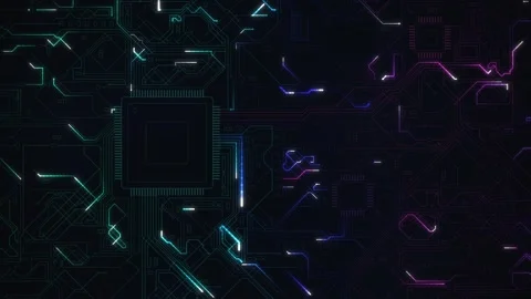 Neon circuit board with data pulses moving through glowing lines to microchip Stock Footage 347278154