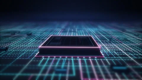 Neon Circuit Board Data Stream Processor Loop Stock Footage 343250422