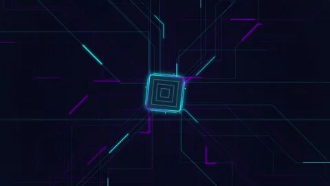Neon circuit board lines with central computer processor chip icon Stock Footage 339042378