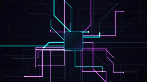 Neon circuit board lines. Neon circuit board with central processor Stock Footage 339042332