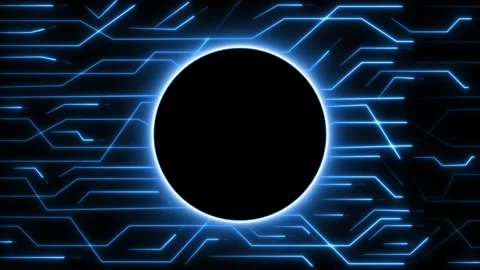 Neon circuit board pattern surrounds a central black circle frame. Glowing .. Stock Footage 338240512